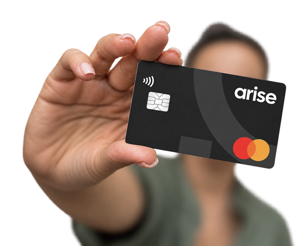Hand holding an Arise Visa Platinum card