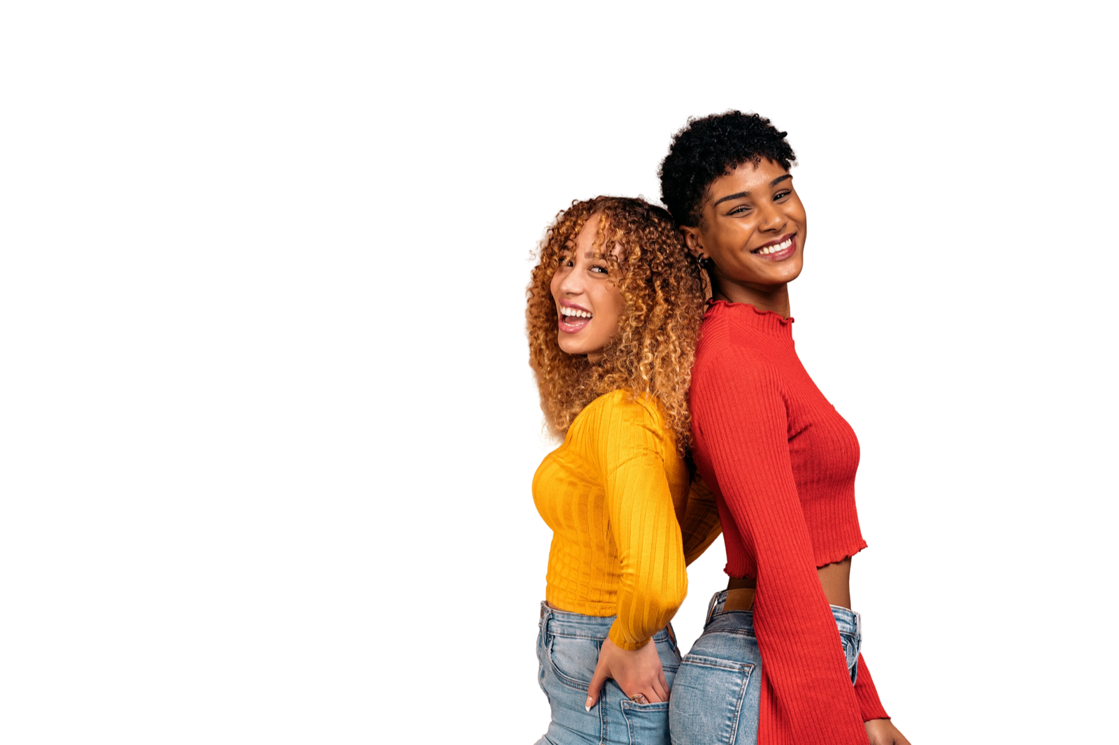 Two members smiling on a lavender background